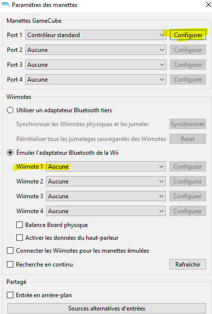 Configuration de la manette
